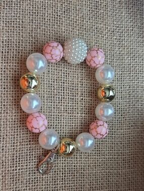 Pink Pearl Beaded Stretch Keychain Bracelet with Gold Accents